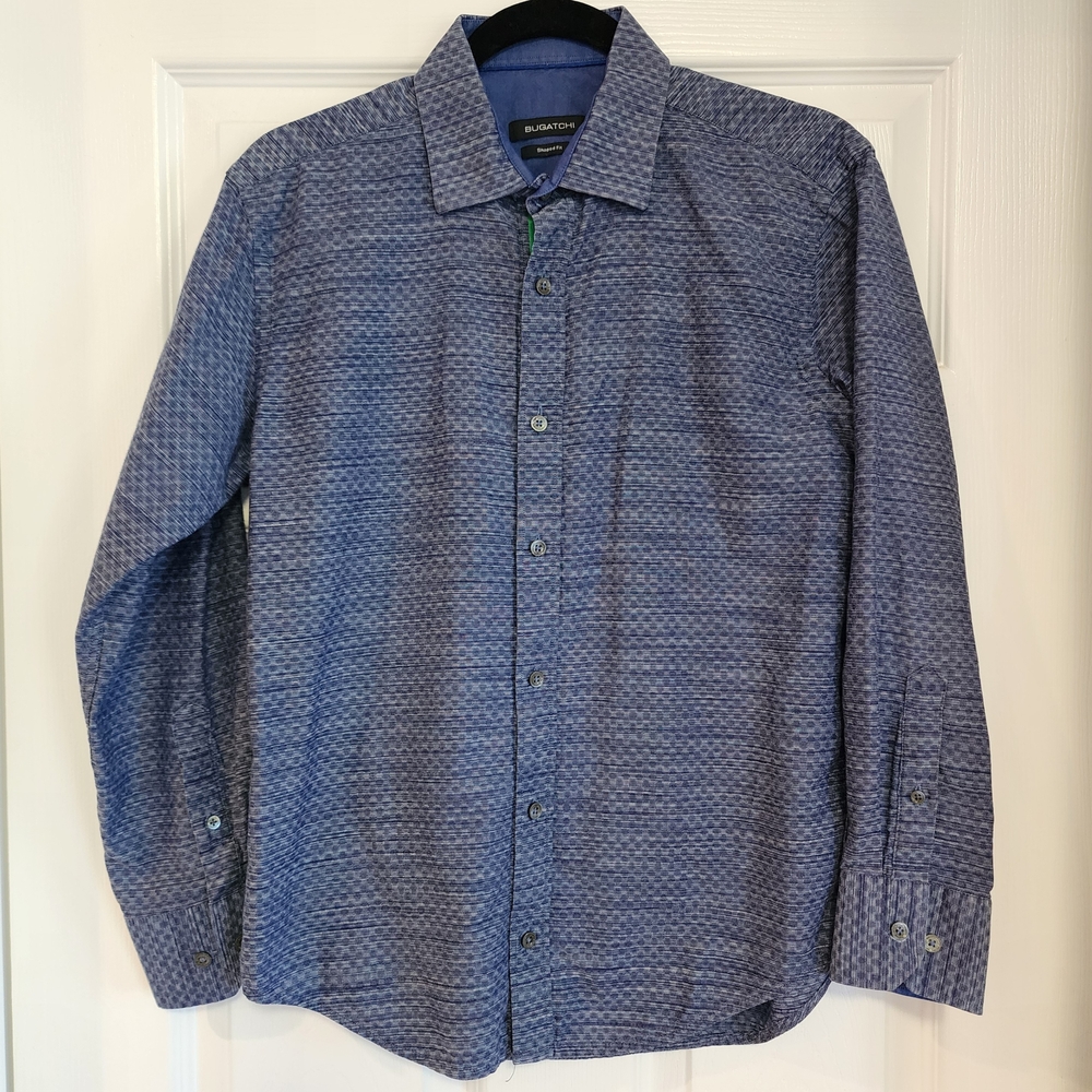 Bugatchi Blue Long Sleeve Button Shirt | Men's Small Shaped Fit